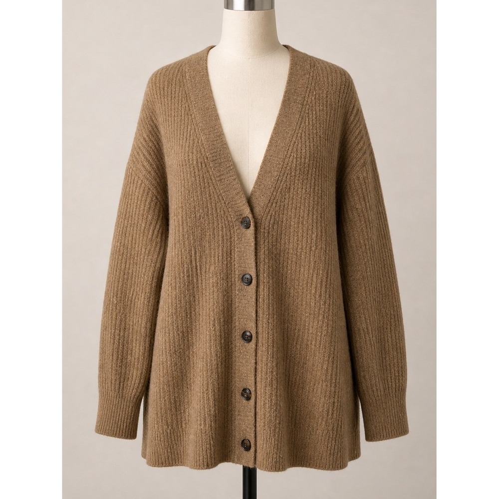 EVERLANE Alpaca Cardigan Sweater XL Boyfriend Fit Academia Preppy Minimalist Tan